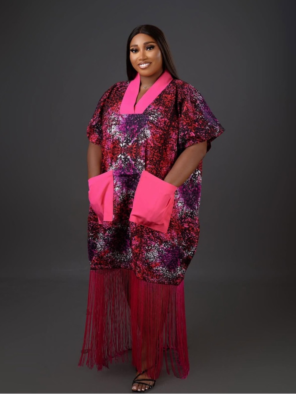 Vibrant Pink & Magenta Fringe Kaftan with Pocket Details